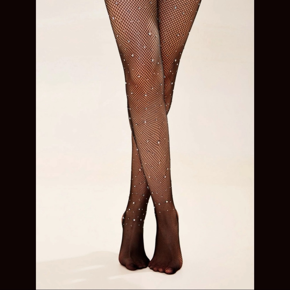 Fashionable Rhinestone Mesh Black Tights - Picture 1 of 7